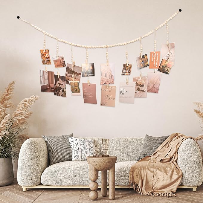 Hanging Photo Display with 18 Wood Clips, Boho Wooden Bead Wall Décor - Image 2