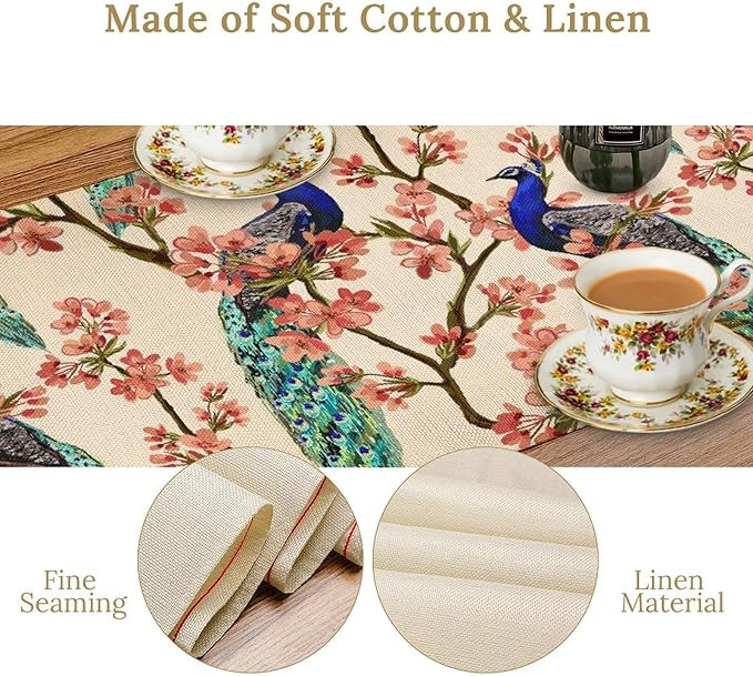 Peacock Table Runner, Spring Floral Peacock Birds Table Runner - Image 5