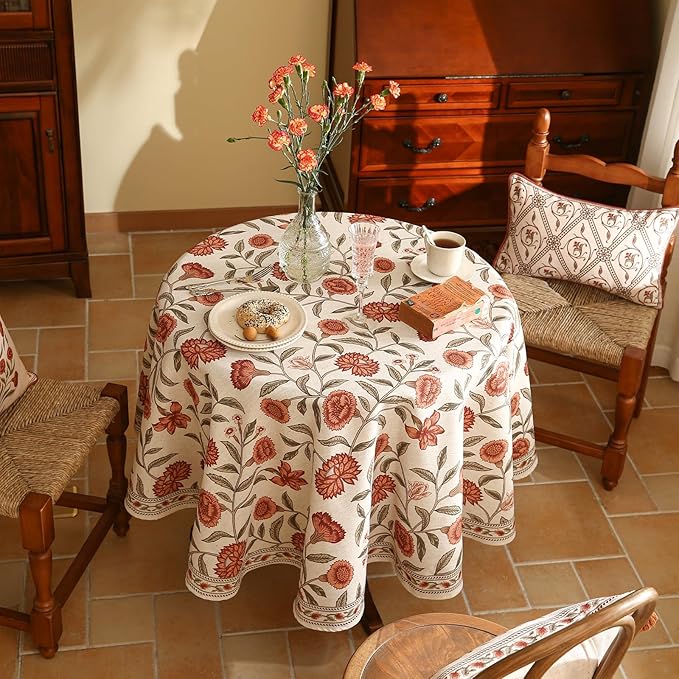 ISAENNE Designer French Small Round Tablecloth, Linen Orange Floral Pattern - Image 3