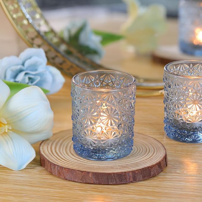 Blue Votive Candle Holder Set of 36, Flower Tea Lights Candles Holders - Image 5