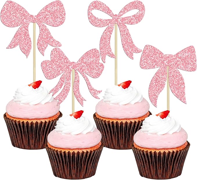 Gyufise 36Pcs Bow Cupcake Toppers Glitter Girls Birthday Decorations Bowknot by Gyufise