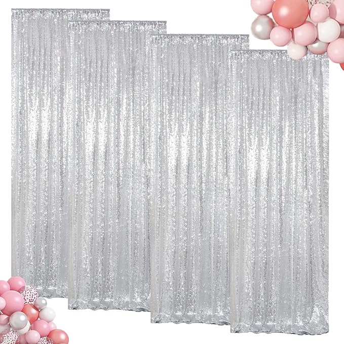 ShinyBeauty Sequin Curtains 4 Panels Silver Sequin Backdrop Photograph by ShinyBeauty
