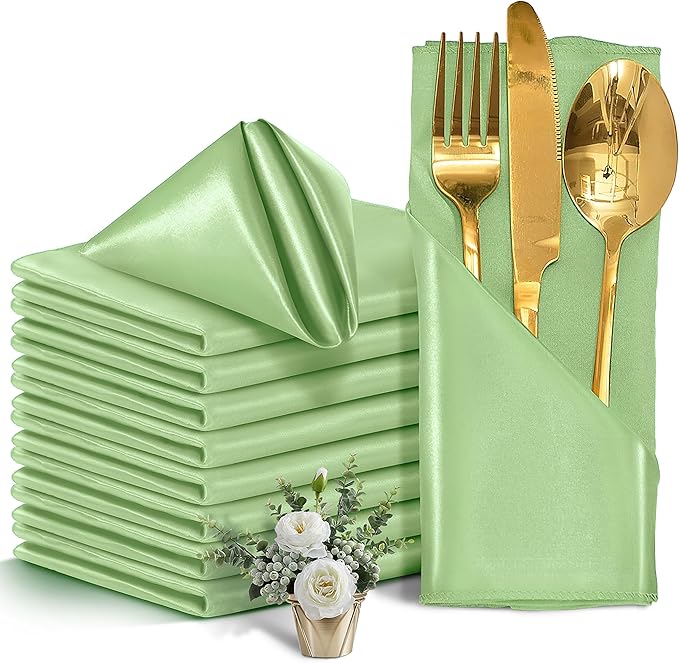 50 Pieces Sage Green Satin Napkins, Silky Soft Smooth Washable Napkins by Eychei