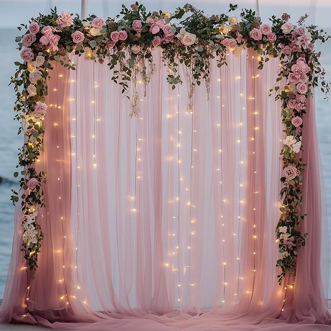 Tulle Backdrop Curtain with Lights String 10FT X 8FT Dusty Rose Sheer Tulle - Image 7