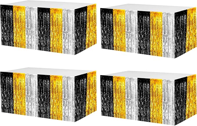 4 Pack 29x108 Inch Metallic Foil Fringe Tinsel Table Skirts by Clayghsen