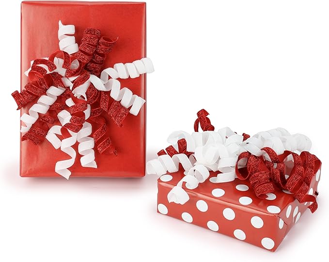 6" Metallic Glitter Red and White Self Adhesive Curly Ribbon Gift Wrap Bows - Image 4