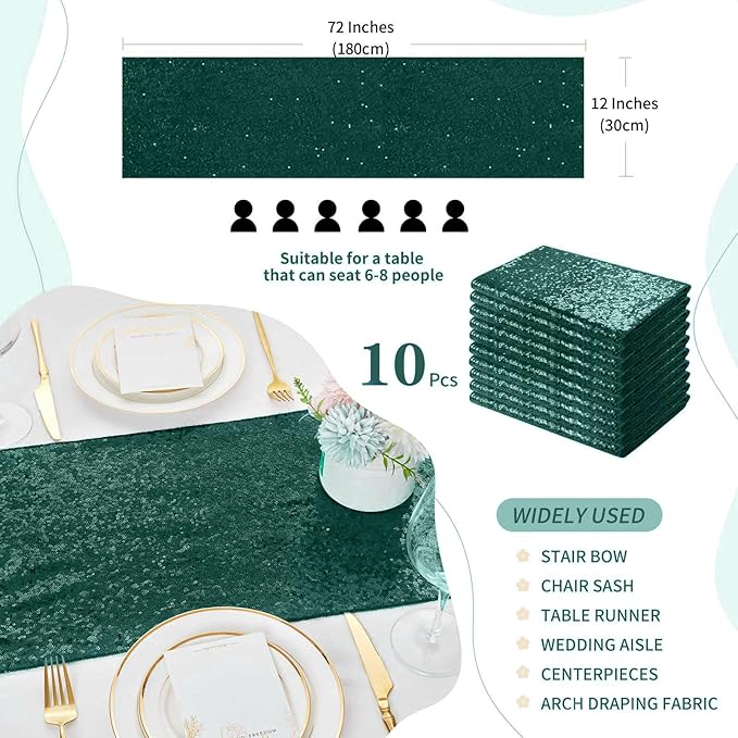 Sequin Table Runners 10 Pieces Emerald Green Table Runners 12x72 Inch Glitter - Image 2