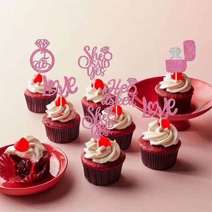30 PCS He Asked She Said Yes Cupcake Toppers Diamond Ring Cupcake Picks Love I - Image 7