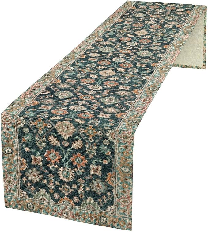 Vintage Boho Floral Table Runner, Rustic Country Farmhouse Blue Teal Red by Unknown