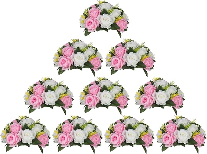 BLOSMON Flower Balls Rose Centerpieces: 10 Pcs Pink White Fake Flowers Kissing by Blosmon