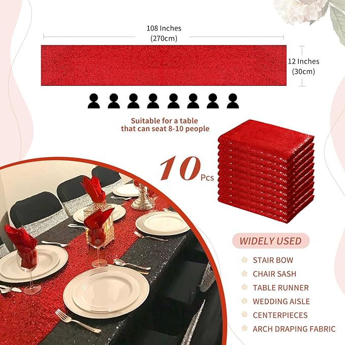 Red Table Runners 10 Packs 12x108 Inch Glitter Sequin Table Runners - Image 3