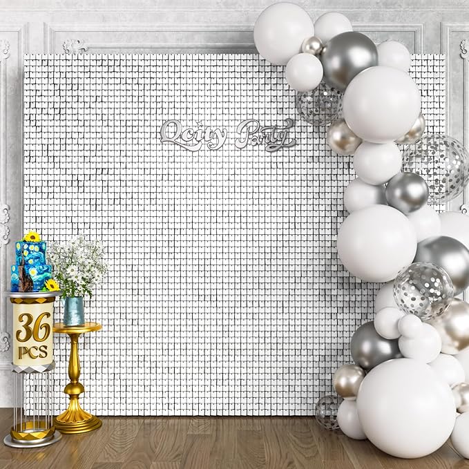 Qcity Matte White Sequin Wall Backdrop 36PCS, Square Sequin Glitter Backdrop by QCITY