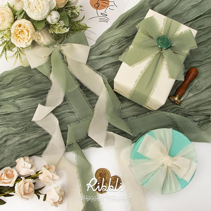 Ribbli Fall Ribbon 1.5 inch x 30 Yard Handmade Silk, Ivory/Dusty - Image 2