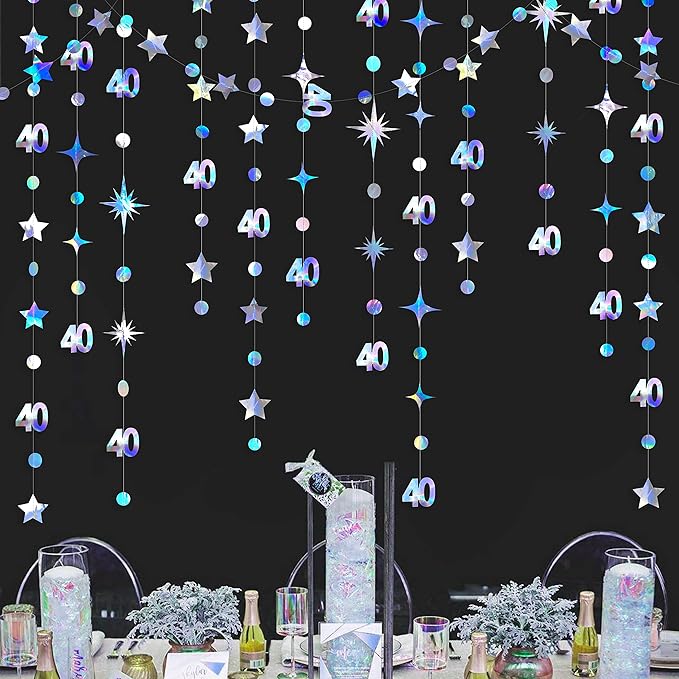 Iridescent 40th Birthday Decorations Number 40 Circle Dot Twinkle Star Garland by pinkblume