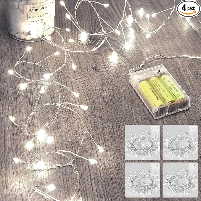 4 Pack Fairy Lights Battery Operated, Twinkle String Lights Waterproof Silver by Minetom