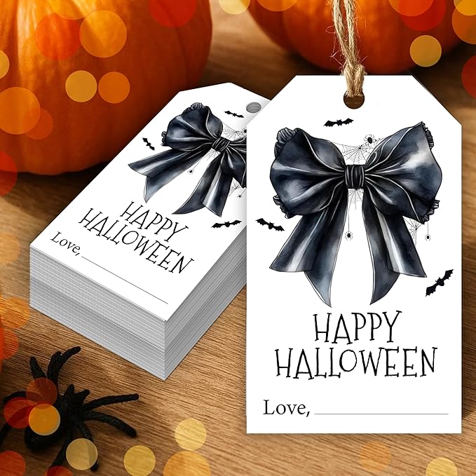 50 Pcs Halloween Tags with String, 2.1"×3.5" Bowknot Paper Gifts Tags, Bat by HandEasy