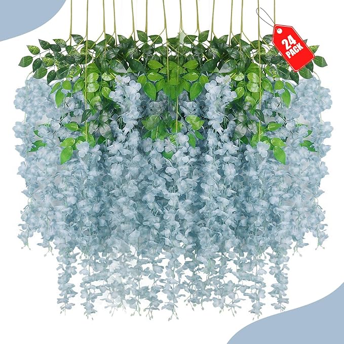 24 Pack Grey Wisteria Hanging Flowers, 3.4 Ft Fake Hanging Flowers, Artificial by ZEBMOON