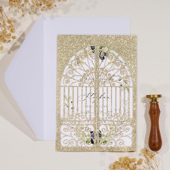 25Pcs Light Gold Glitter Laser Cut Wedding Invitation Kits - Image 4