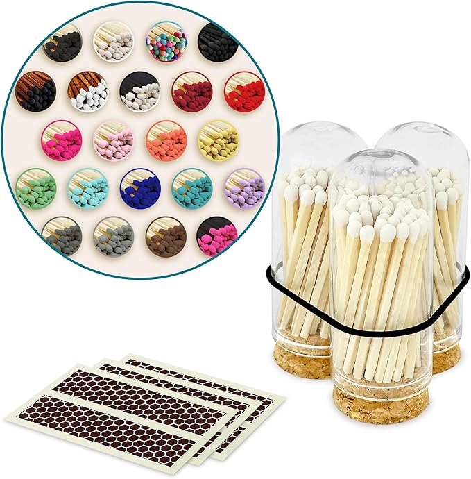 2" Matches in 3 Mini Glass Cloche Jars + Striker Stickers Included | 100 by ThankfulGreetings