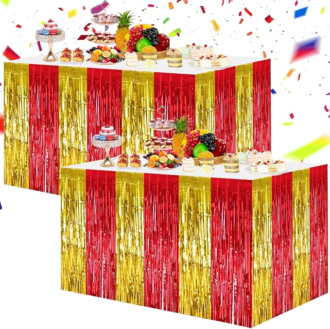 BEISHIDA 2 Pack Red Gold Table Skirts Party Decorations Metallic Tinsel Foil by Beishida