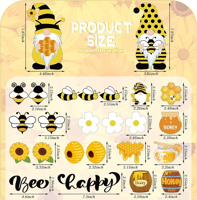 Xuhal 25 Pcs Bee Decor Refrigerator Magnets Happy Bee Gnome Sunflower Magnetic - Image 2