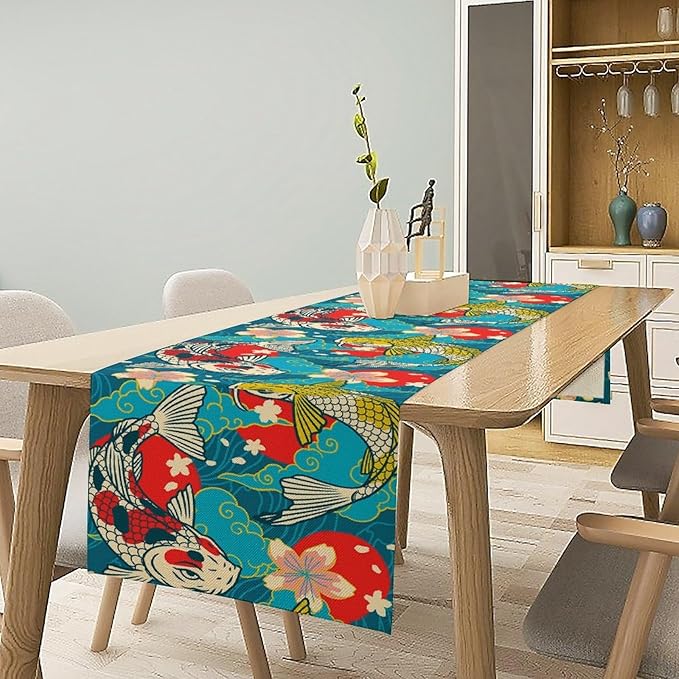 Japanese Kio Fish Table Runner Oriental Tradition Cherry Art Printed Burlap - Image 5