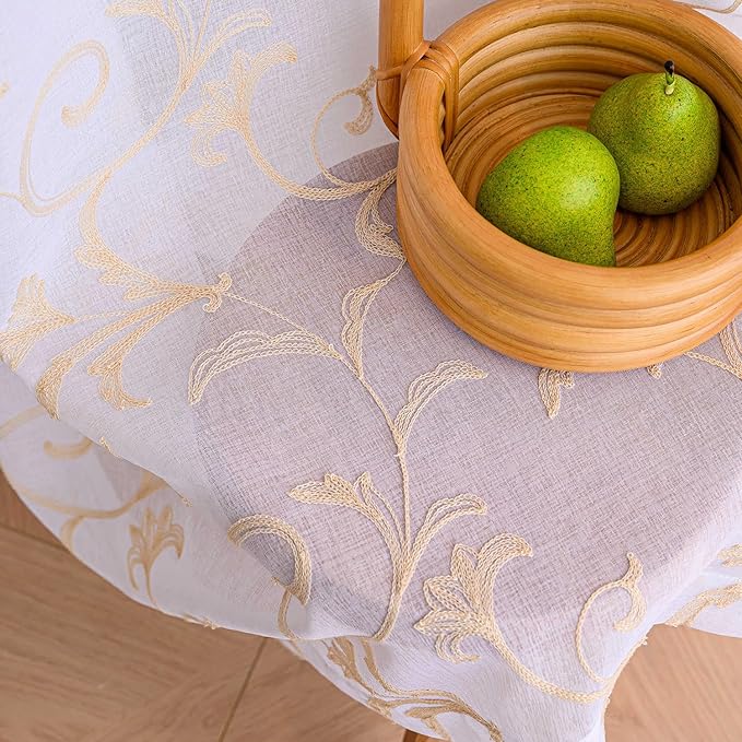 Sheer Curtains White-Beige 45 Inch Length Floral Embroidery Vintage Rod Pocket - Image 4