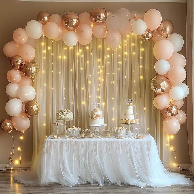 Tulle Backdrop Curtain with Lights String 10FT X 10FT Champagne Sheer Tulle - Image 5