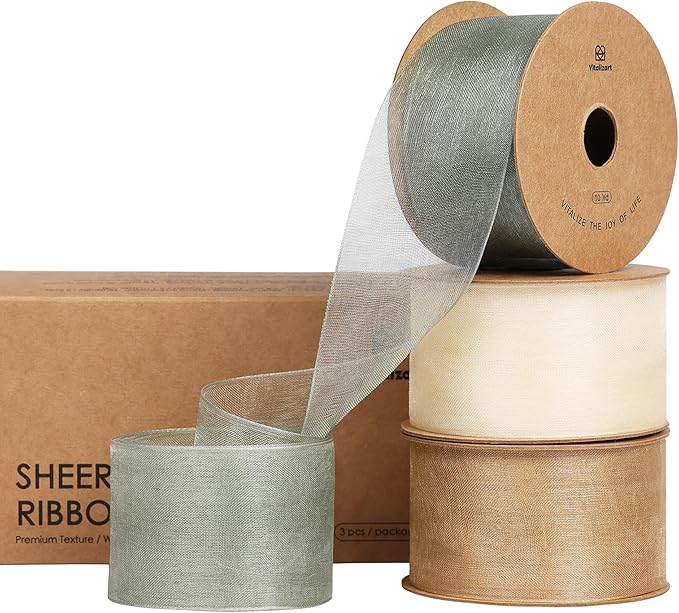 Vitalizart Organza Ribbon 1.5" x 30 Yd Cream White Rose Gold & Dusty Green by Vitalizart
