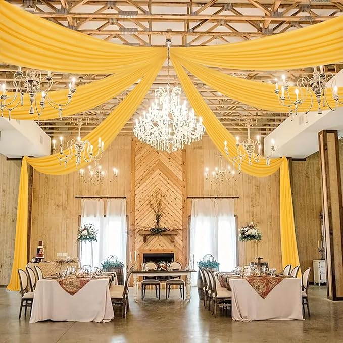 DUOBAO Chiffon Ceiling Drapes 20FT 6 Panels Gold Sheer Wedding Backdrop Curtains - Image 5