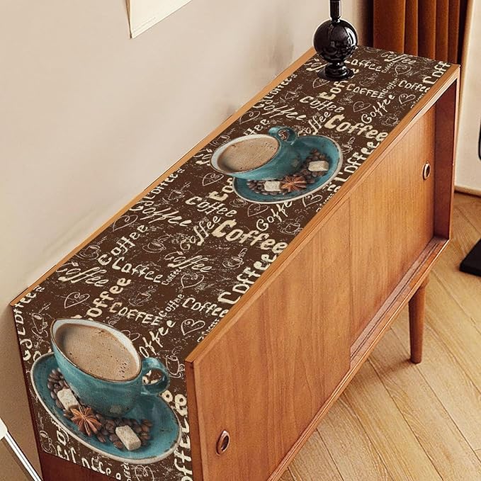 Coffee Theme Table Runner, Farmhouse Retro Brown Coffee Cup Tea Party Rustic - Image 2