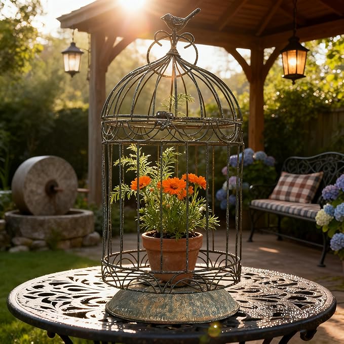 Rustic Farmhouse Metal Planter Holder Vintage Birdcage Distressed Deractive - Image 3