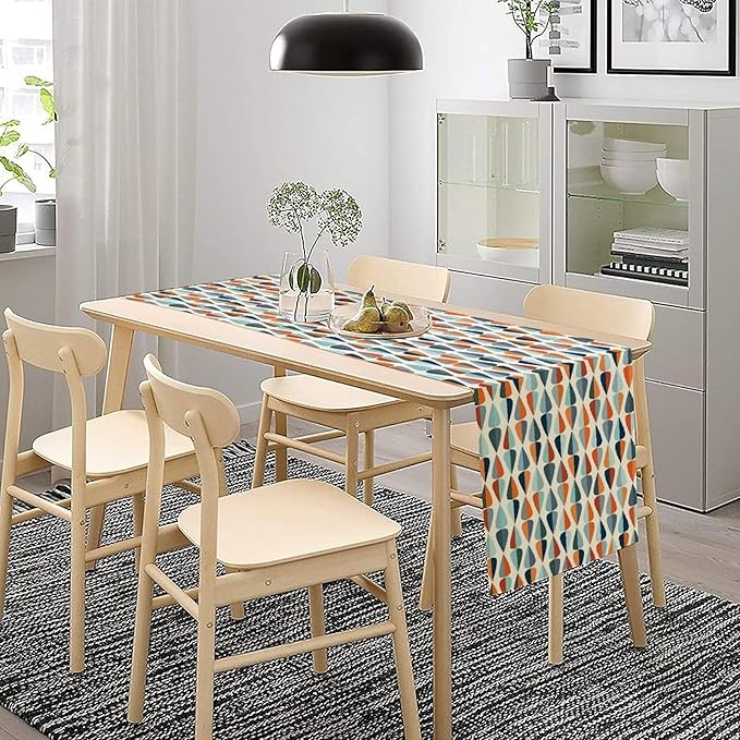 Mid Century Table Runner, Modern Style Retro Pattern Droplet Shapes Mosaic - Image 4