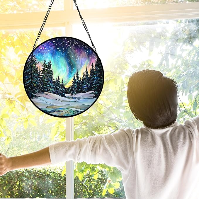 Stained Glass Window Hanging, Aurora Landscape Sun Catchers Glass Panel Green - Image 4