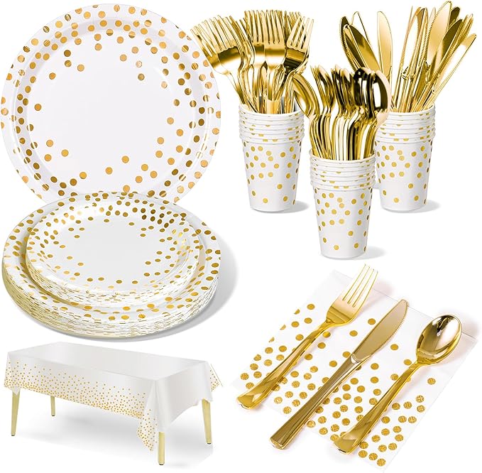 141 Pieces White Gold Party Supplies, Party Dinnerware Sets Include Paper by Nkaiso