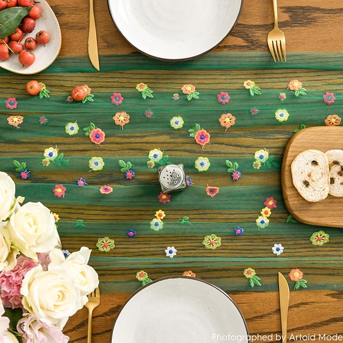 Artoid Mode 3PCS Dark Green Embroidery Daisy Gauze Table Runner 120 Inch 10FT - Image 5