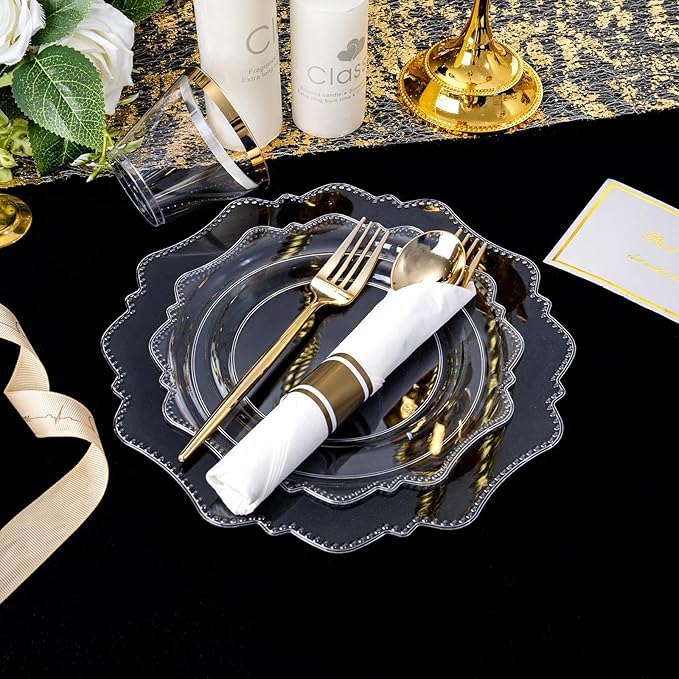 COLOSUS 350pcs Clear Plastic Plates Disposable Gold Cutlery Dinnerware set - Image 7