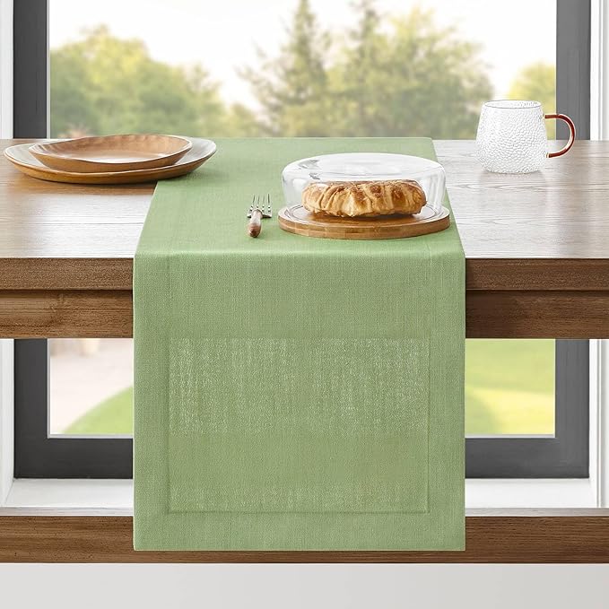 ZeeMart Linen Textured Border Table Runner, 14 x 108 Inch Green, Farmhouse by ZEEMARTONLINE