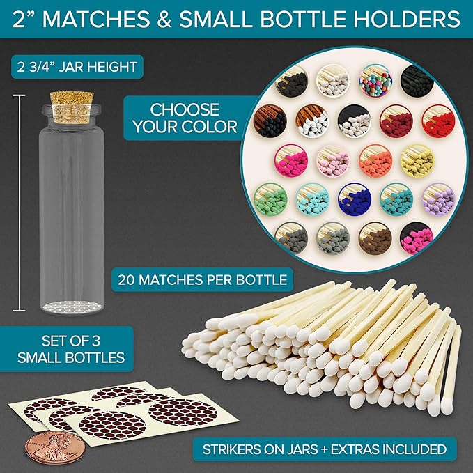 Thankful Greetings 2" Matches in 3 Glass Bottles Cork Top, Striker Stickers - Image 2