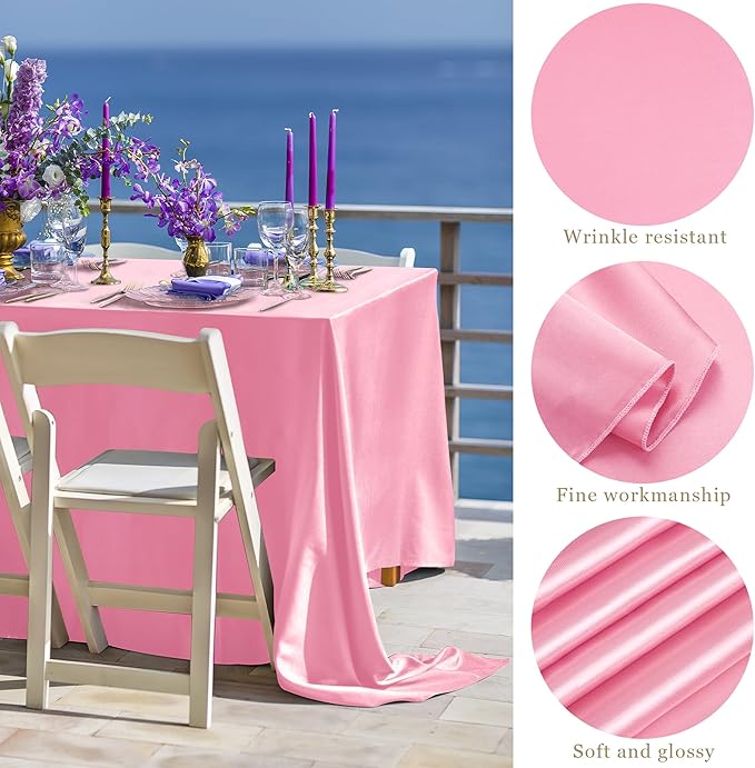 TURSTIN 1 Pack Pink Satin Tablecloth 102 x 58 Inch Overlay Satin Table Cover - Image 3