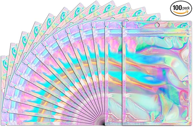 Funfery 100 Pack Smell Proof Holographic Bags Clear Resealable Bags, Mylar Foil by FUNFERY