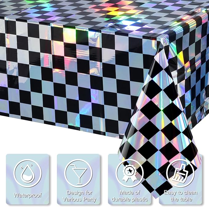 1Pack Black and Iridescent Checkered Plastic Tablecloth, Shiny Disposable Laser - Image 3