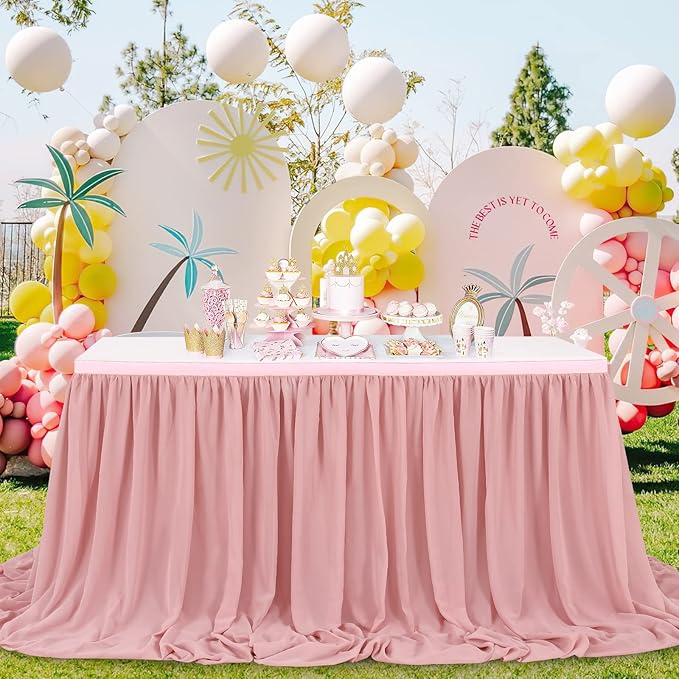 14FT Dusty Rose Chiffon Table Skirt Sheer Rectangle Tablecloth - Image 5
