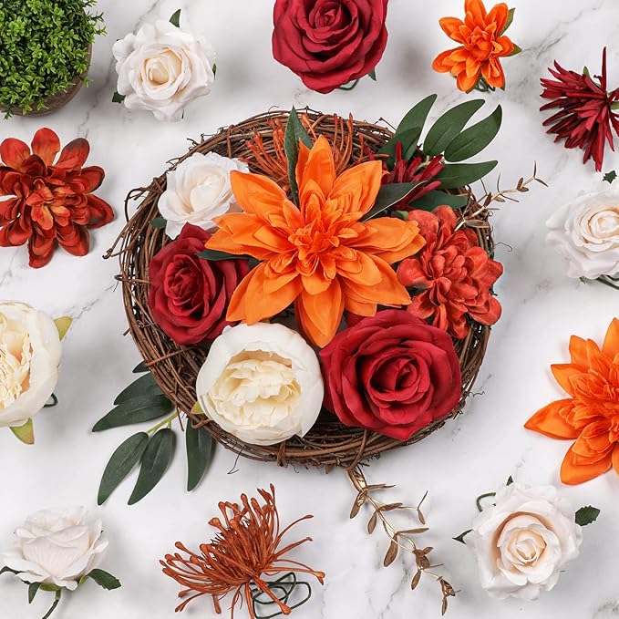 AmyHomie Orange Artificial Flowers Combo Silk Mix Peony Rose Hydrangea Fake - Image 6