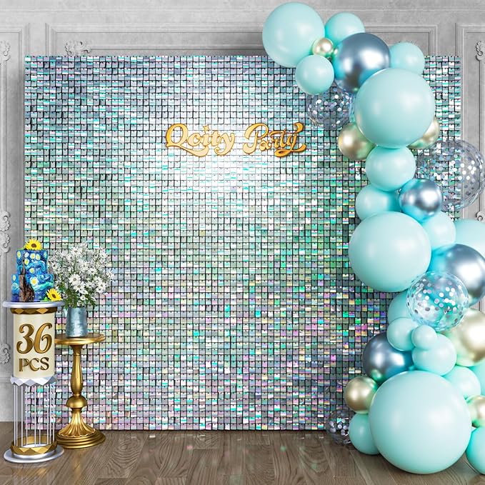 Qcity Iridescent Silver Shimmer Wall Backdrop 36PCS, Square Sequin Glitter by QCITY