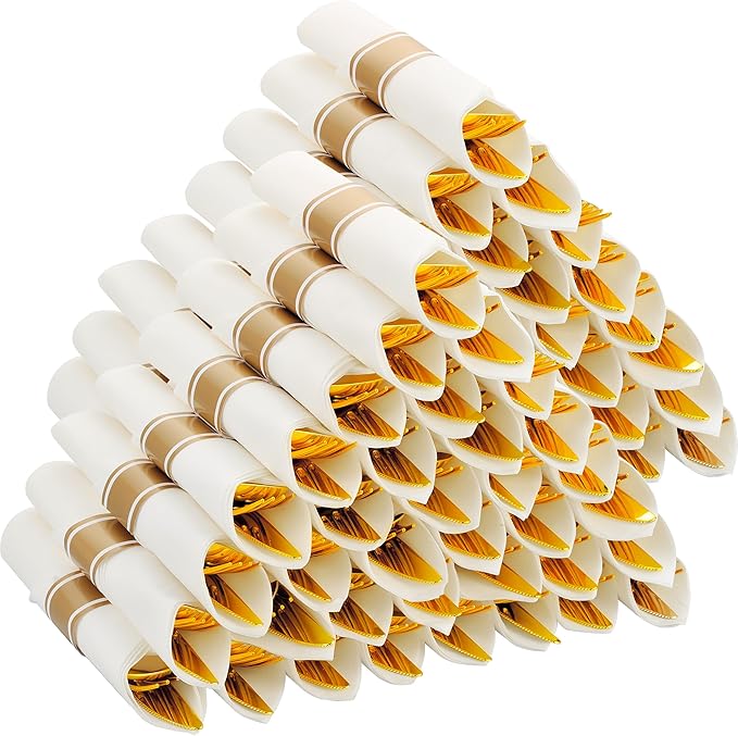 100 Pack Pre Rolled Gold Plastic Silverware Set by ISFANGCO