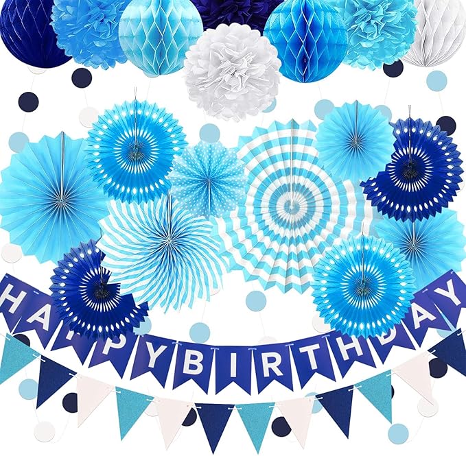 Navy Blue Birthday Party Decoration, Pom Poms Flowers, Garland String Polka Dot by Marwey