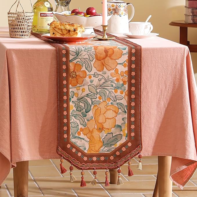 Designer Vintage Orange Floral Table Runner, French Soft Linen Farmhouse Table - Image 6