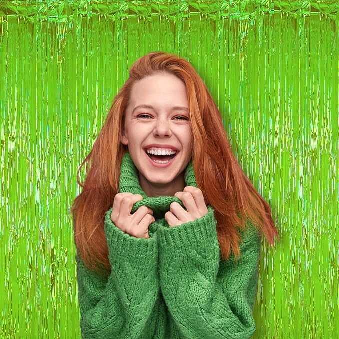 2 Pack Green Iridescent Tinsel Foil Fringe Curtains, Neon Party Decorations - Image 6
