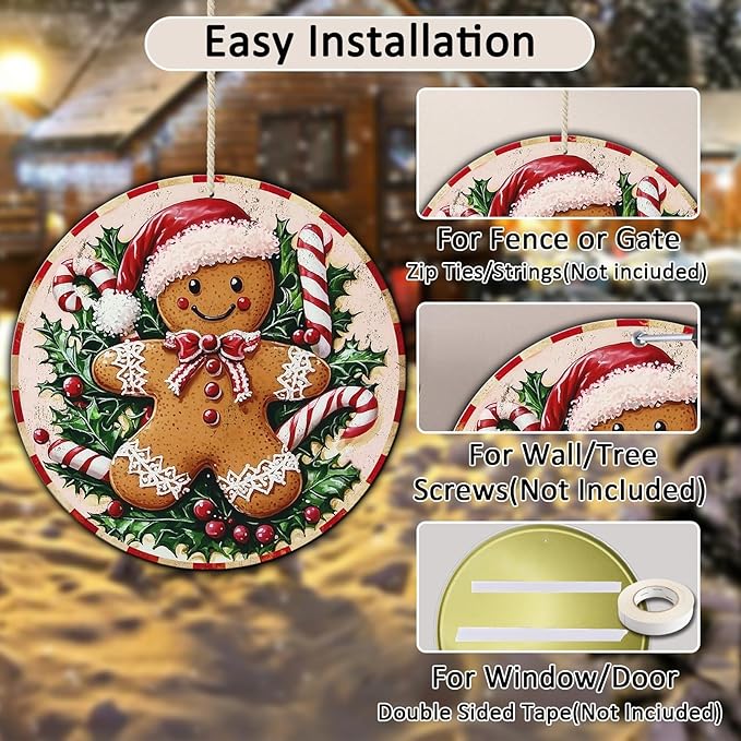 Round Christmas Metal Tin Sign Rustic Wall Decor Gingerbread Man Vintage Tin - Image 3